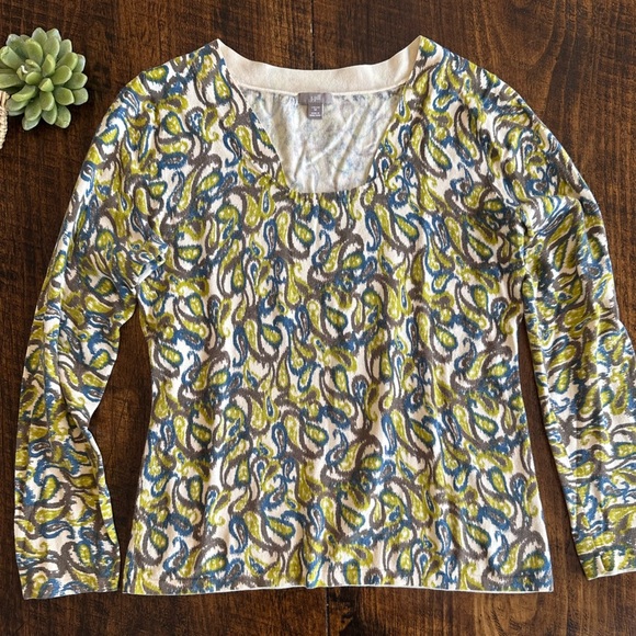 J. Jill | Cotton Blend Squared V-neck Paisley Print Lightweight Knit Sweater Top - Picture 1 of 6